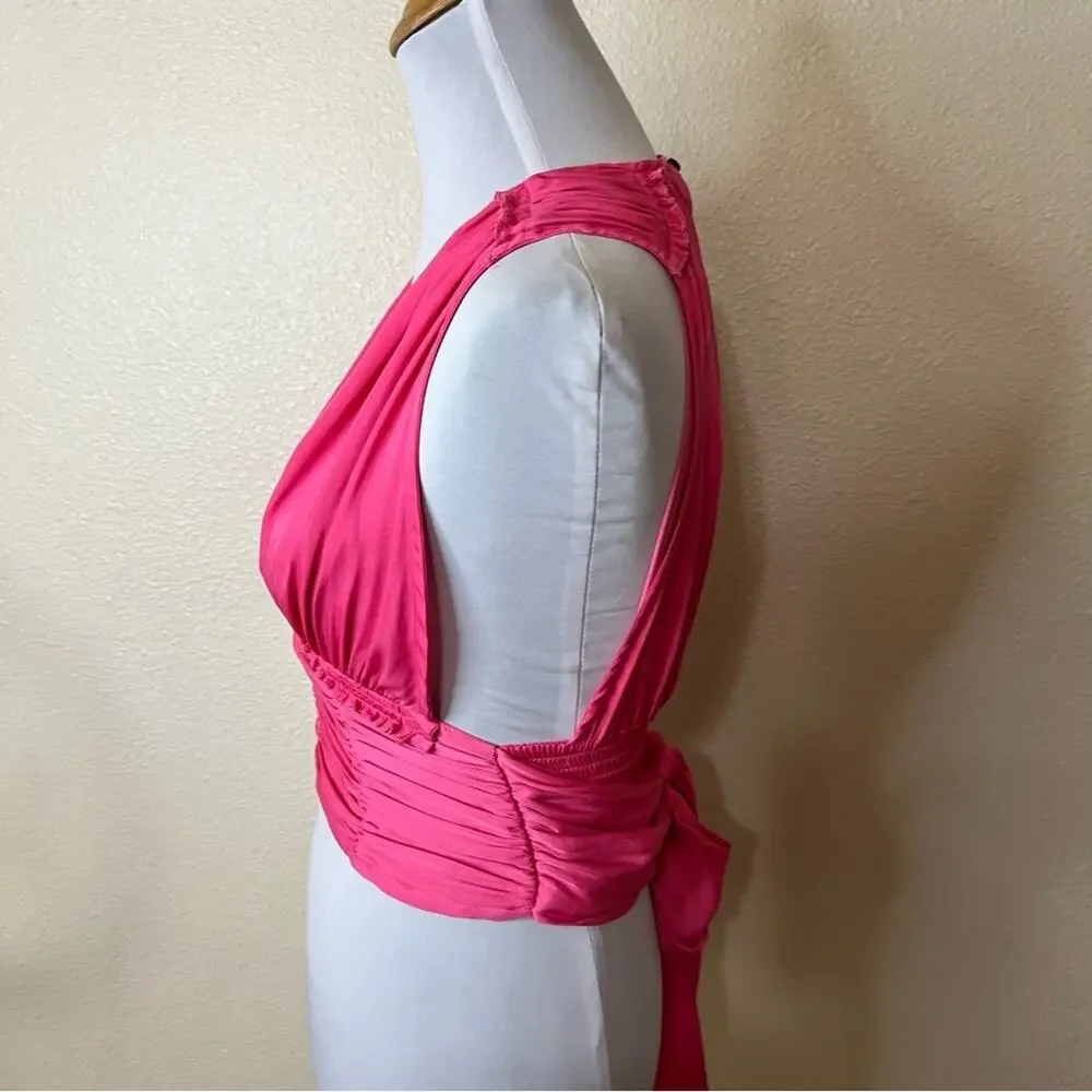 Free People FP Hot Pink Deep V-neck Satin Wrap Tie Waist Crop Top Size XS